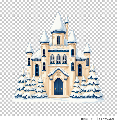 Beautiful watercolor winter castle illustration with snowy roof and pine trees, fairytale beige palace building isolated on white background for fantasy art and holiday decoration. 134760306