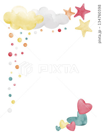 A vertical cartoon-style frame for a children's birthday invitation. Clouds, stars, hearts, and colorful dots. Hand-painted watercolor illustration for a greeting card on a white background. Suitable 134760398