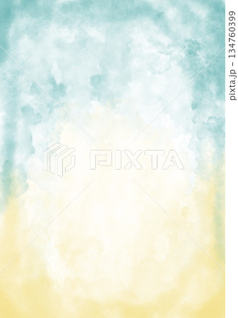 A watercolor background in blue and yellow tones with stripes and gaps. An abstract gradient, sky and sun, or a water and sand theme. Design for grunge-style postcards, vintage templates, banners, and 134760399