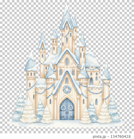 Beautiful watercolor winter fairytale castle illustration covered in snow, majestic palace with blue roof and Christmas decorations isolated on white background. 134760428