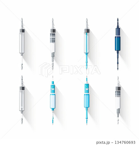 Modern Set of Cartoon Medical Injectors in Various Colors Isolated on White Background 134760693