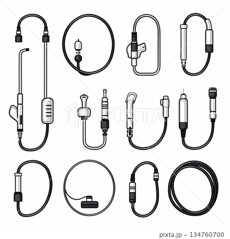 Collection of Medical Endoscope Cables and Connectors on a White Background, Isolated. 134760700