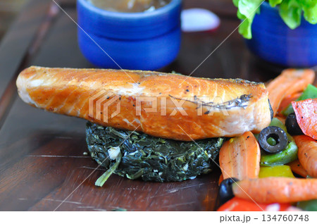 grilled salmon, salmon steak or fish steak and vegetable grilled salmon, salmon steak or fish steak and vegetable 134760748