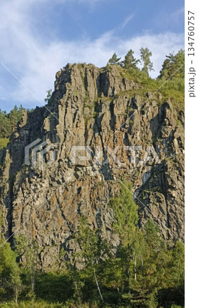 A stunning view of a rugged cliff face adorned with trees, offering a captivating scene for travel, tourism, or environmental projects. It provides an excellent backdrop for adventure-themed content. 134760757