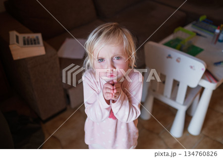 Little 4 Year Old Blonde Girl Begging and Saying Please 134760826