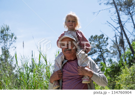 Grandfather Carrying His Granddaughter on His Shoulders Because She Got Tired During a Nature Hike Grandfather Carrying His Granddaughter on His Shoulders Because She Got Tired During a Nature Hike 134760904