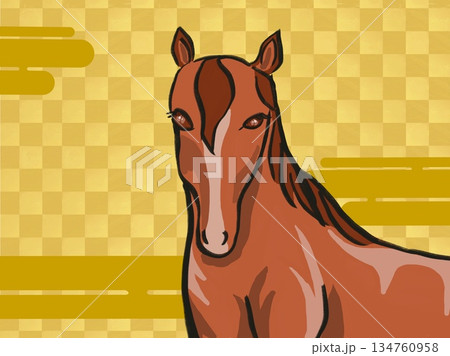 ゴールド市松模様を背景に茶色の馬が入った背景素材イラスト 134760958
