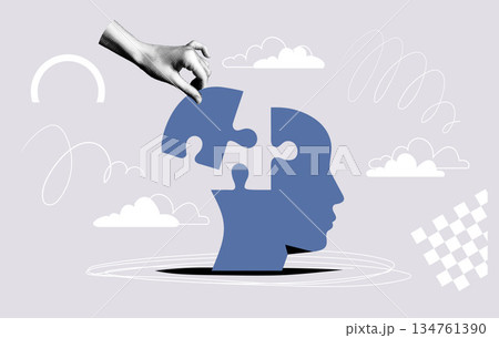 Concept of the thought process, psychotherapy, problem solving, and brainstorming. A hand holds a puzzle piece in the shape of a human head. Flat collage halftone illustration. Vector illustration. 134761390