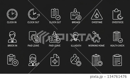 ダークUI・Webアプリで使いやすい健康・勤怠アイコンセット。 出勤、退勤、休憩、残業、有給休暇、欠 ダークUI・Webアプリで使いやすい健康・勤怠アイコンセット。 出勤、退勤、休憩、残業、有給休暇、欠 134761476