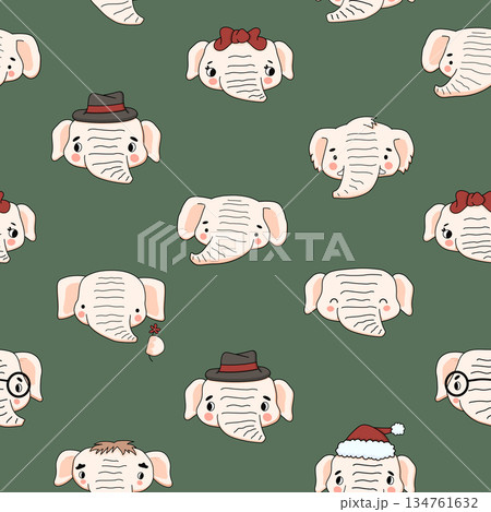 Seamless pattern of vector cute light pink or white elephants heads. Isolated hand drawn illustrations repeatable print for wallpapers, fabric, apparel, clothes on green background Seamless pattern of vector cute light pink or white elephants heads. Isolated hand drawn illustrations repeatable print for wallpapers, fabric, apparel, clothes on green background 134761632