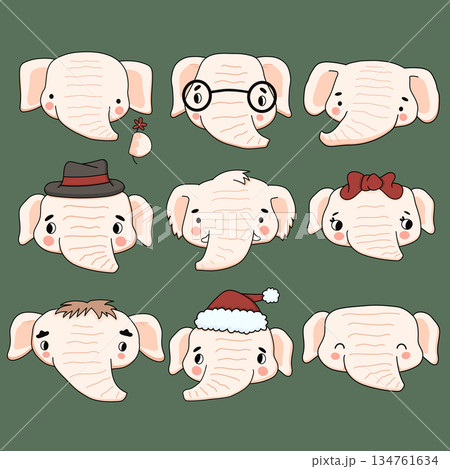 A set of cute white cartoon elephants on a green background. Some elephants are decorated with bows, hats, glasses and flowers. Vector illustration for kids 134761634