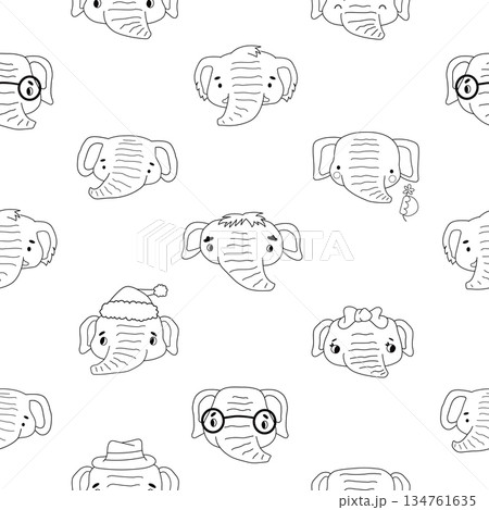 Black white line outline seamless pattern of a set of elephants. Isolated cute animals on white background can be used for coloring book or fabric, apparel 134761635