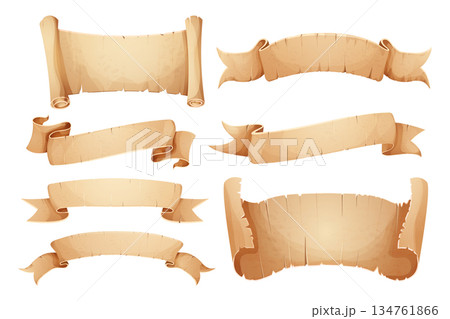 Set Parchment paper scroll ribbon, old vintage banner game ui element isolated on white background. Set Parchment paper scroll ribbon, old vintage banner game ui element isolated on white background. 134761866