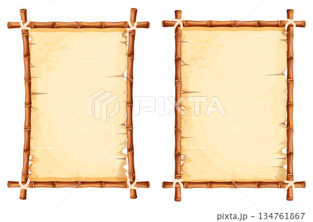 Set Bamboo frames with old parchment paper decorated with rope isolated on white background. Game ui board, sign Set Bamboo frames with old parchment paper decorated with rope isolated on white background. Game ui board, sign 134761867