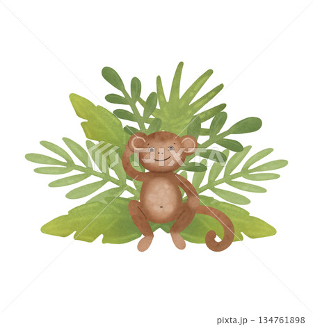 Monkey in tropical leaves, composition. Cartoon illustration in a flat style. Watercolor, pastel. Green, brown. For design of children's products 134761898