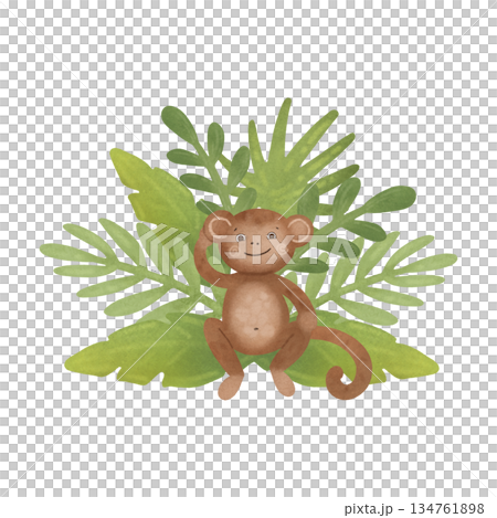 Monkey in tropical leaves, composition. Cartoon illustration in a flat style. Watercolor, pastel. Green, brown. For design of children's products Monkey in tropical leaves, composition. Cartoon illustration in a flat style. Watercolor, pastel. Green, brown. For design of children's products 134761898