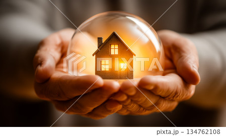 手の中で守られる小さな家とガラスのドーム 134762108
