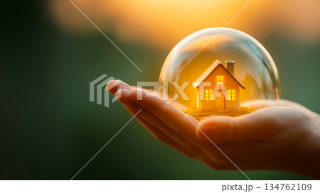 手の中で守られる小さな家とガラスのドーム 手の中で守られる小さな家とガラスのドーム 134762109