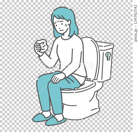 Illustration of a woman checking menstruation, vaginal discharge, and bloody stool by looking at toilet paper (abnormal bleeding, anxiety) 134762542