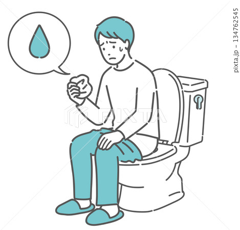 トイレで紙を見て出血や分泌物を確認する男性のイラスト（血便・尿漏れ・雫アイコン） 134762545