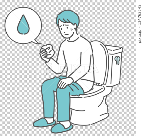 トイレで紙を見て出血や分泌物を確認する男性のイラスト（血便・尿漏れ・雫アイコン） 134762545