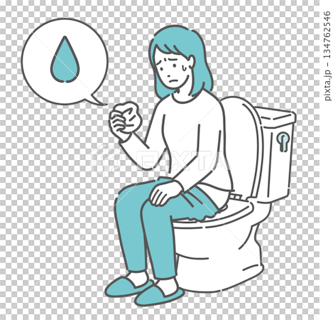 トイレで紙を見て経血やおりもの、尿漏れを確認する女性のイラスト（不正出血・雫アイコン） 134762546