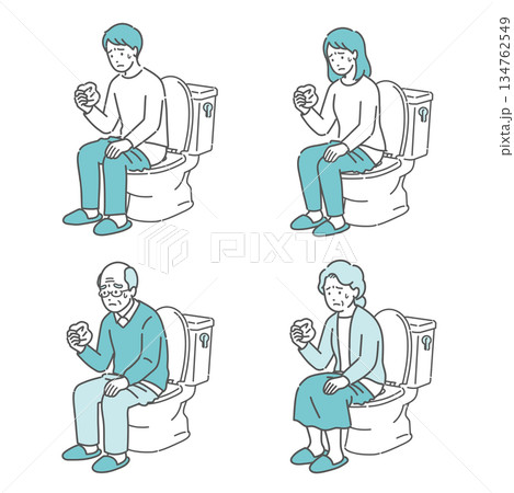 トイレで紙を見て健康チェックする男女・高齢者のイラストセット(血便・検診・早期発見) トイレで紙を見て健康チェックする男女・高齢者のイラストセット(血便・検診・早期発見) 134762549