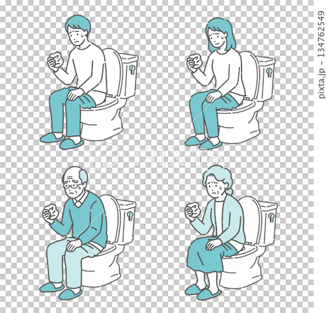 トイレで紙を見て健康チェックする男女・高齢者のイラストセット(血便・検診・早期発見) トイレで紙を見て健康チェックする男女・高齢者のイラストセット(血便・検診・早期発見) 134762549