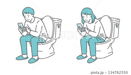 トイレでスマホを操作する男女のイラストセット（長居・ながらスマホ・生活習慣） 134762550