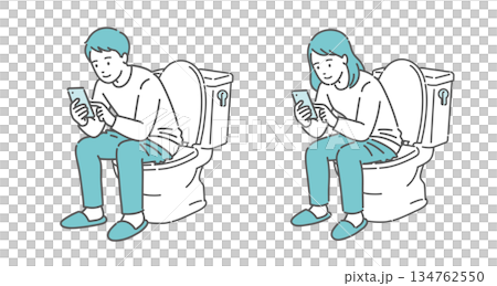 トイレでスマホを操作する男女のイラストセット（長居・ながらスマホ・生活習慣） 134762550