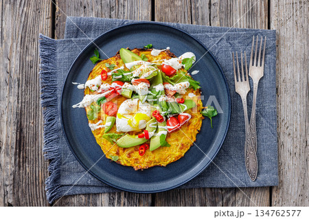 potato rosti topped with poached egg, avocado potato rosti topped with poached egg, avocado 134762577
