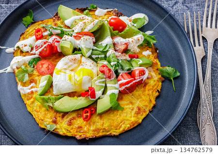 potato rosti topped with poached egg, avocado 134762579