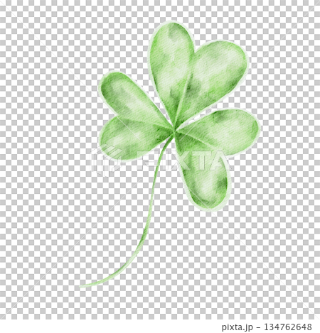 Shamrock with long stem, isolated, hand painted watercolor clipart. Perfect for Irish folklore designs, botanical decor, and St. Patricks Day graphics 134762648