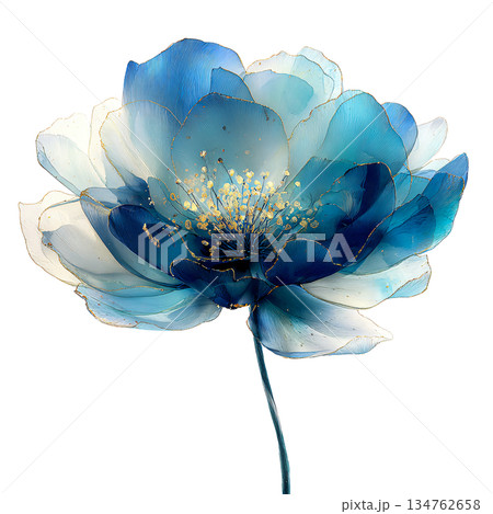 Elegant watercolor blue camellia flower illustration with gold glitter center and stem, beautiful translucent floral blossom isolated on white background for invitation. Elegant watercolor blue camellia flower illustration with gold glitter center and stem, beautiful translucent floral blossom isolated on white background for invitation. 134762658