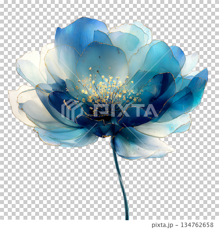 Elegant watercolor blue camellia flower illustration with gold glitter center and stem, beautiful translucent floral blossom isolated on white background for invitation. Elegant watercolor blue camellia flower illustration with gold glitter center and stem, beautiful translucent floral blossom isolated on white background for invitation. 134762658