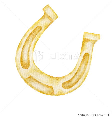 Golden horseshoe symbol of luck, isolated, hand painted watercolor clipart. Perfect for Irish luck themes, St. Patricks Day designs, folklore art, and good fortune symbols 134762661