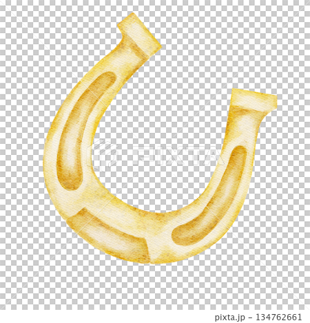 Golden horseshoe symbol of luck, isolated, hand painted watercolor clipart. Perfect for Irish luck themes, St. Patricks Day designs, folklore art, and good fortune symbols 134762661