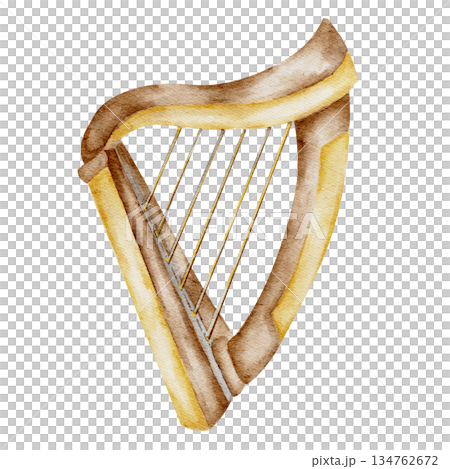 Irish harp traditional instrument, isolated, hand painted watercolor clipart. Perfect for Irish culture designs, St. Patricks Day themes, music art, and folklore symbols Irish harp traditional instrument, isolated, hand painted watercolor clipart. Perfect for Irish culture designs, St. Patricks Day themes, music art, and folklore symbols 134762672