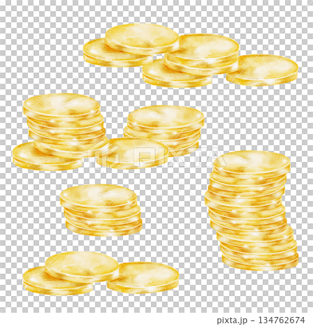 Stacks of gold coins, isolated, hand painted watercolor clipart. Perfect for Irish luck themes, treasure illustrations, St. Patricks Day graphics, and childrens designs 134762674