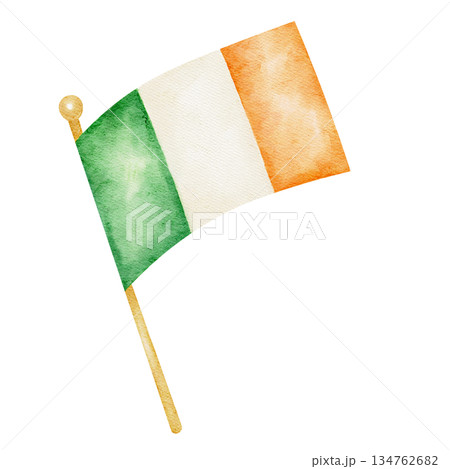 Irish national flag on a pole, isolated, hand painted watercolor clipart. Ideal for St. Patricks Day decor, Irish celebrations, educational materials, and patriotic designs Irish national flag on a pole, isolated, hand painted watercolor clipart. Ideal for St. Patricks Day decor, Irish celebrations, educational materials, and patriotic designs 134762682