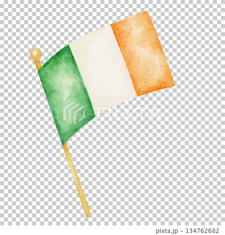 Irish national flag on a pole, isolated, hand painted watercolor clipart. Ideal for St. Patricks Day decor, Irish celebrations, educational materials, and patriotic designs Irish national flag on a pole, isolated, hand painted watercolor clipart. Ideal for St. Patricks Day decor, Irish celebrations, educational materials, and patriotic designs 134762682