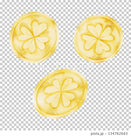 Gold coin set with shiny round coins, isolated, hand painted watercolor clipart. Perfect for Irish luck themes, treasure illustrations, St. Patricks Day graphics, and childrens designs 134762683