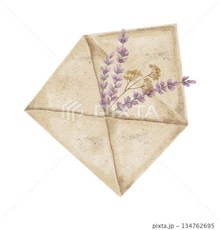 Open envelope with lavender detail in beige and purple tones, watercolor illustration. Suitable for Valentine invitations, stationery branding, scrapbook pages, packaging decor and floral products Open envelope with lavender detail in beige and purple tones, watercolor illustration. Suitable for Valentine invitations, stationery branding, scrapbook pages, packaging decor and floral products 134762695