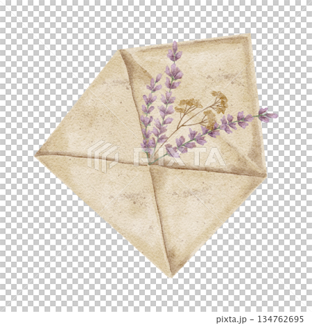 Open envelope with lavender detail in beige and purple tones, watercolor illustration. Suitable for Valentine invitations, stationery branding, scrapbook pages, packaging decor and floral products Open envelope with lavender detail in beige and purple tones, watercolor illustration. Suitable for Valentine invitations, stationery branding, scrapbook pages, packaging decor and floral products 134762695