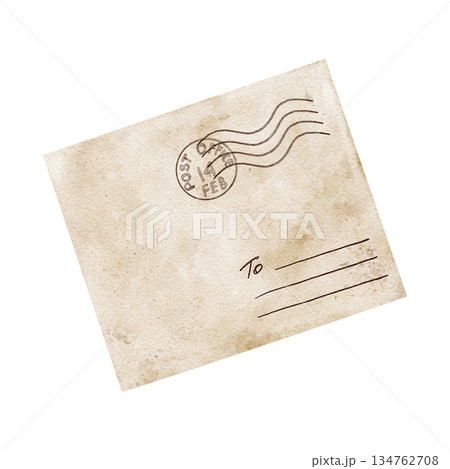 Aged envelope with postal marks in warm beige and brown shades, watercolor illustration. Suitable for Valentine correspondence designs, scrapbook pages, branding elements, postcards, packaging decor Aged envelope with postal marks in warm beige and brown shades, watercolor illustration. Suitable for Valentine correspondence designs, scrapbook pages, branding elements, postcards, packaging decor 134762708
