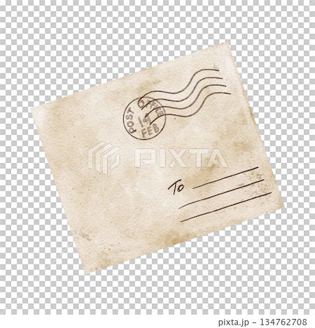 Aged envelope with postal marks in warm beige and brown shades, watercolor illustration. Suitable for Valentine correspondence designs, scrapbook pages, branding elements, postcards, packaging decor Aged envelope with postal marks in warm beige and brown shades, watercolor illustration. Suitable for Valentine correspondence designs, scrapbook pages, branding elements, postcards, packaging decor 134762708
