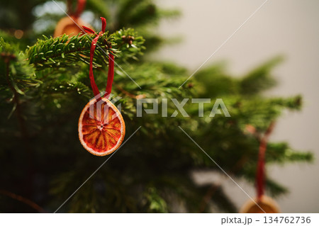 Closeup small christmas tree with dried oranges as decorations for holidays 134762736