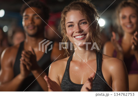Joyful celebration of fitness with friends in a vibrant gym atmosphere 134762753