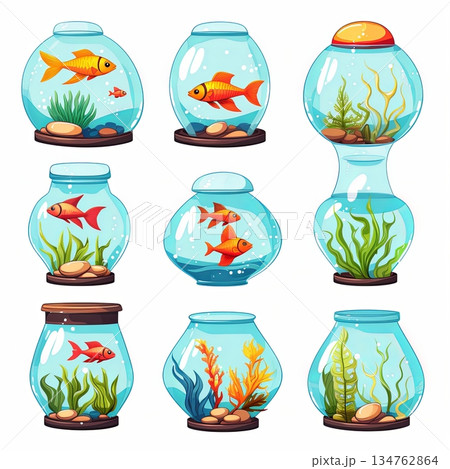 Collection of Cartoon Fish Bowls with Goldfish and Aquatic Plants Illustration, Pet Care Concept 134762864