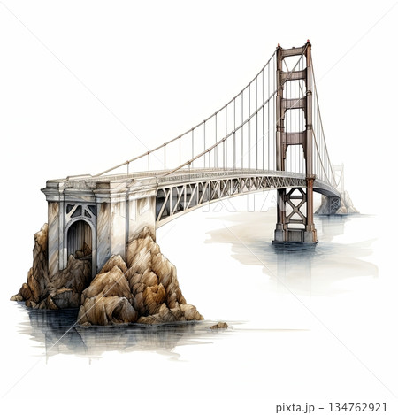 Watercolor Suspension Bridge Illustration, Detailed Architecture and Engineering Design 134762921